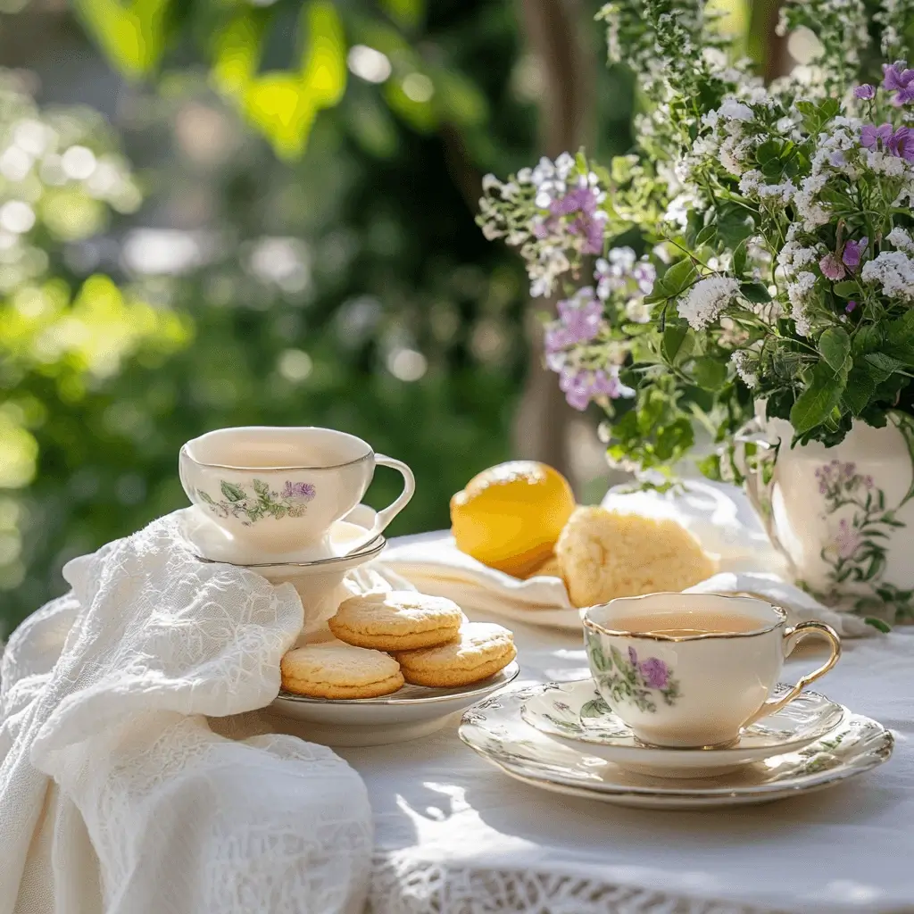 Lemon cookies served with herbal tea in a cozy tea time setting