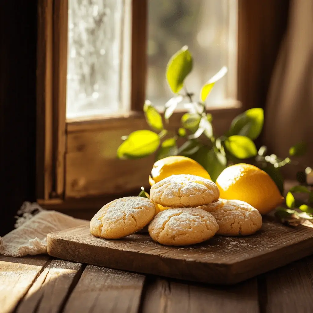 Freshly baked lemon cookies arranged on a white ceramic plate with lemon zest and slices