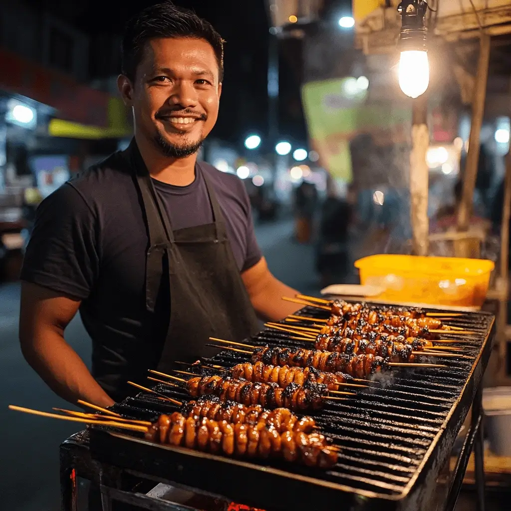 Grilled Filipino isaw skewers served with a spicy vinegar dipping sauce.