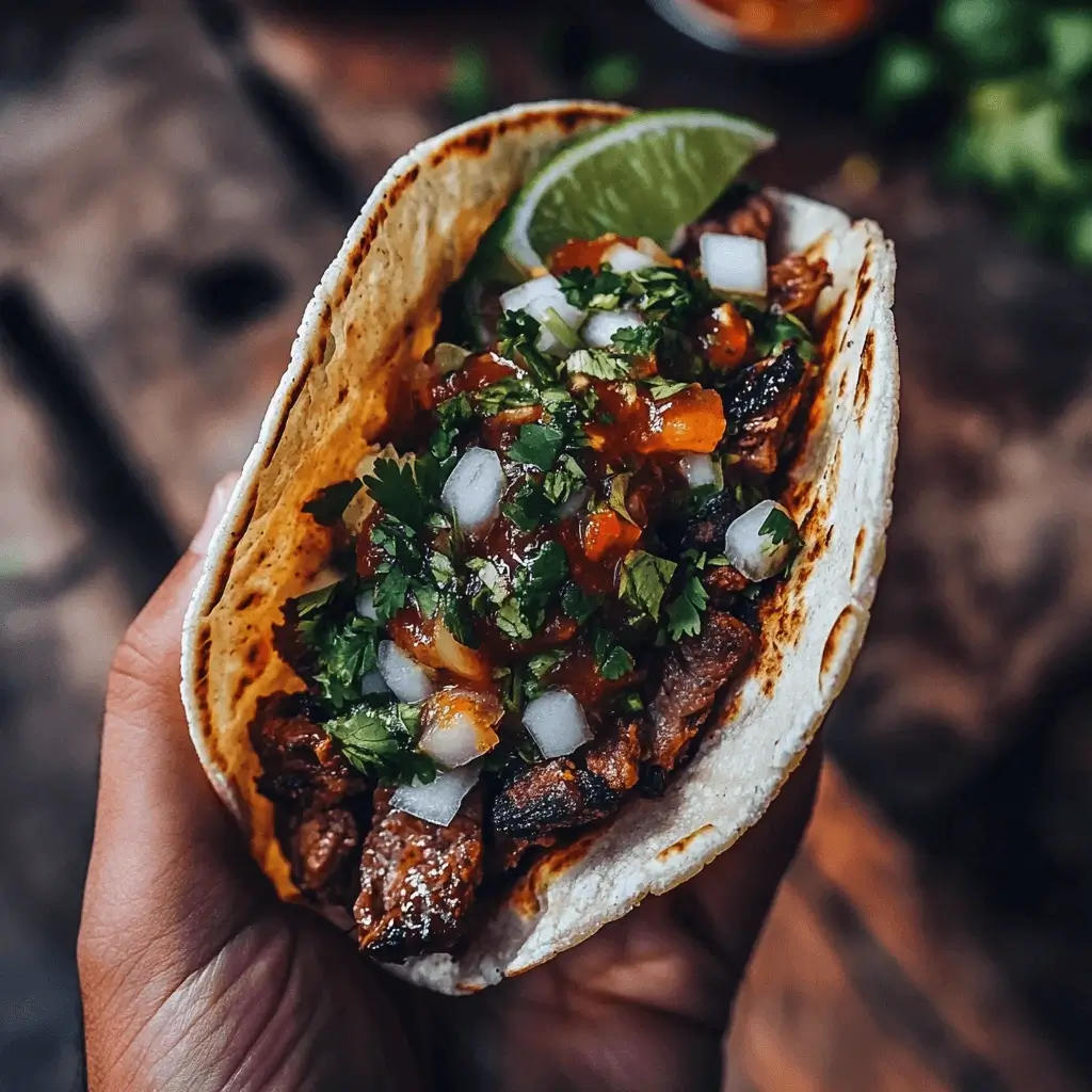 A hand holding a fresh buche taco topped with onions, cilantro, and salsa verde.