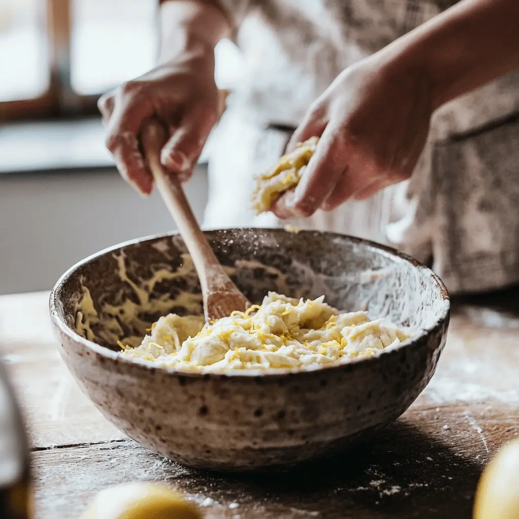Cookie dough being mixed with lemon zest in a ceramic bowl