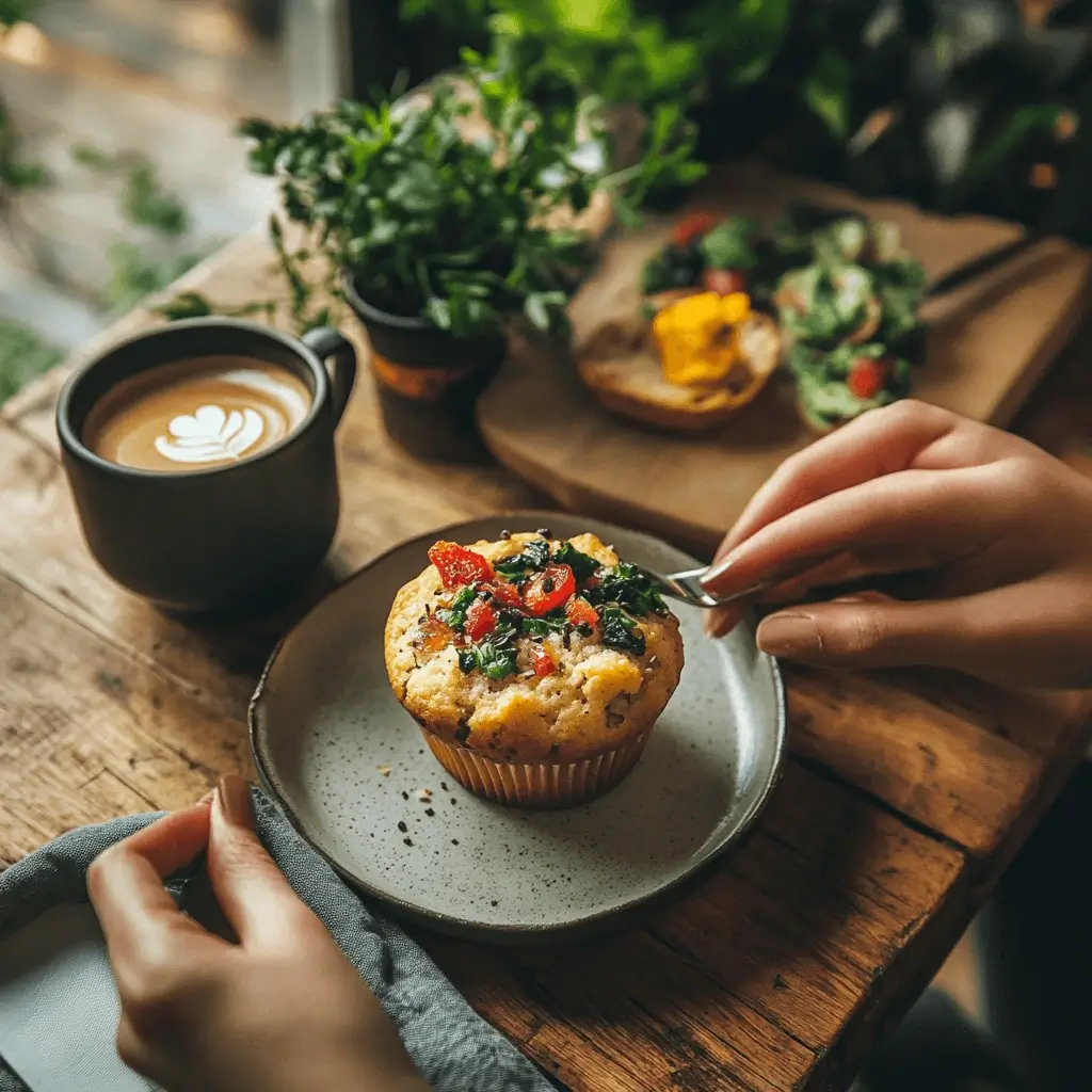 Person enjoying a vegan savoury muffin at a cozy breakfast table with a cup of coffee