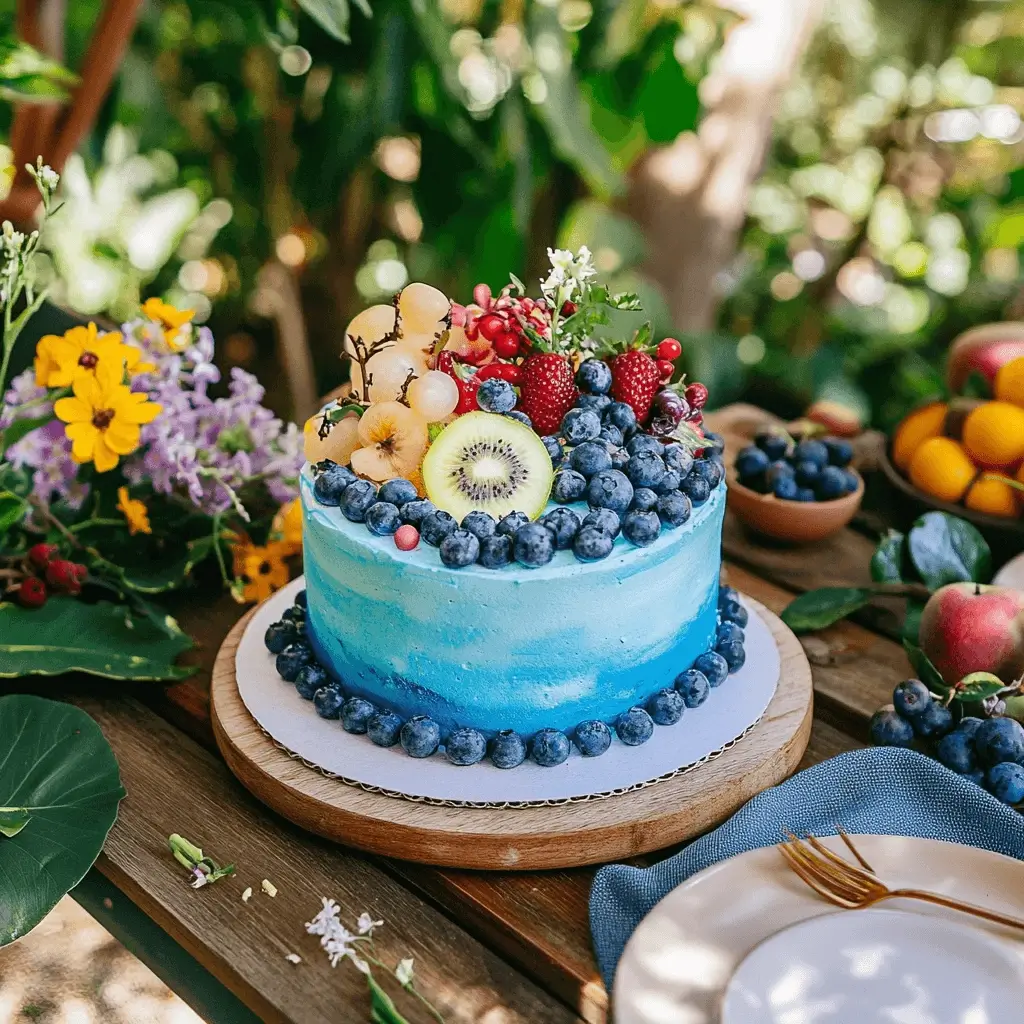 Plant-based Bluey birthday cake with fresh fruits and eco-friendly decorations