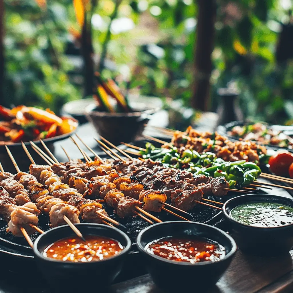 Backyard grill setup with assorted Asian skewers and dipping sauces.