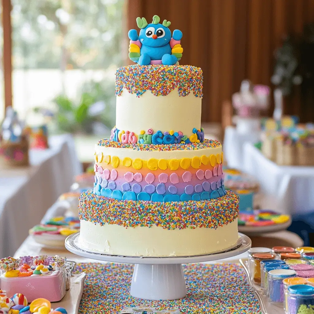 Rainbow Bluey cake with colorful layers, cartoon toppers, and festive sprinkles