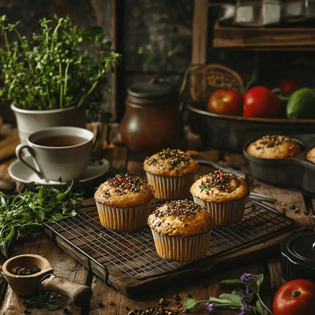 Freshly baked vegan savoury muffins on a cooling rack with herbs and vegetables in a rustic kitchen