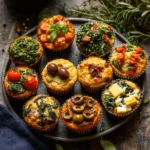 Assorted vegan savoury muffins with different toppings and fillings displayed on a serving platter