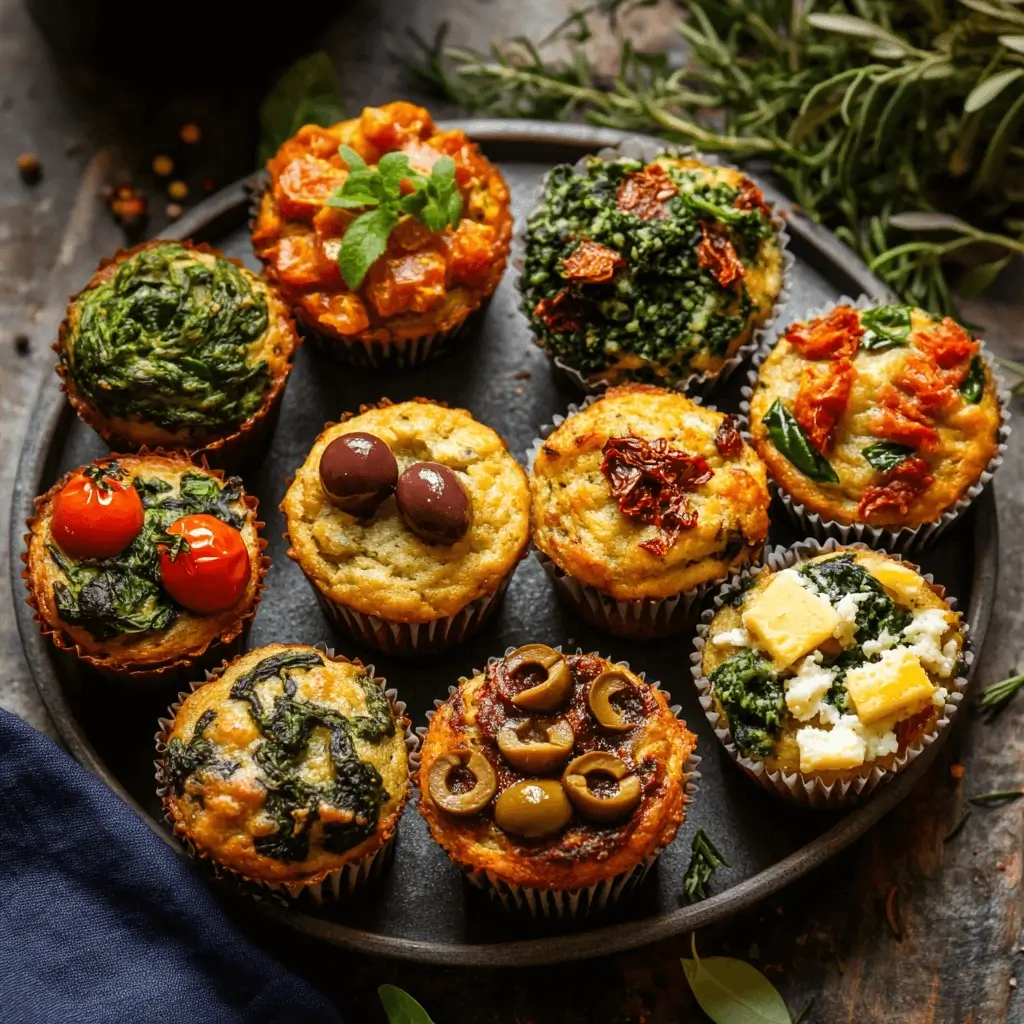 Assorted vegan savoury muffins with different toppings and fillings displayed on a serving platter