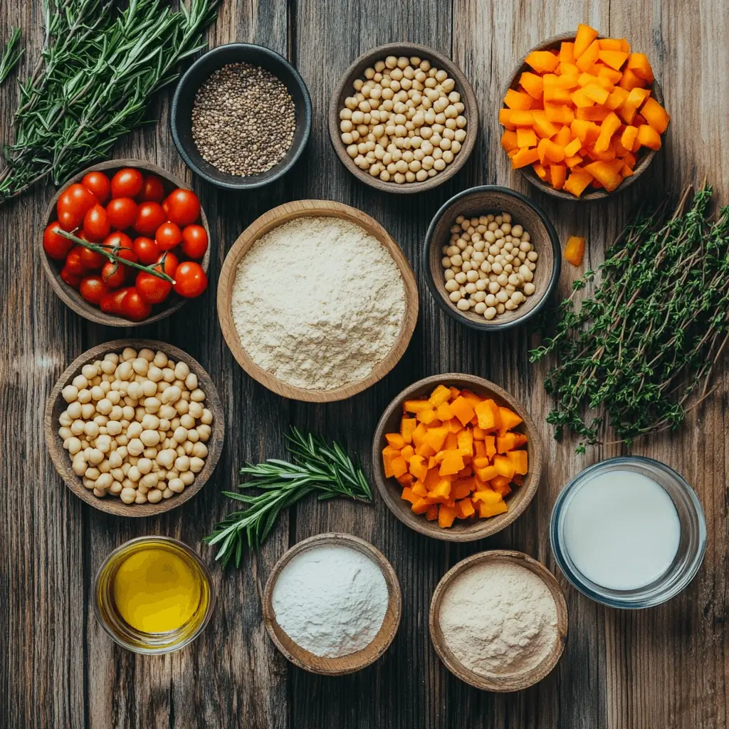 Top-down flat lay of ingredients for vegan savoury muffins including chickpea flour, plant-based milk, vegetables, and herbs