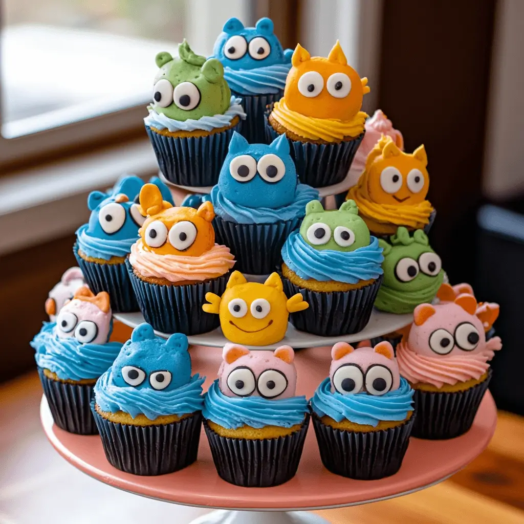 Bluey and Bingo cupcakes arranged in a tower with cartoon-themed frosting