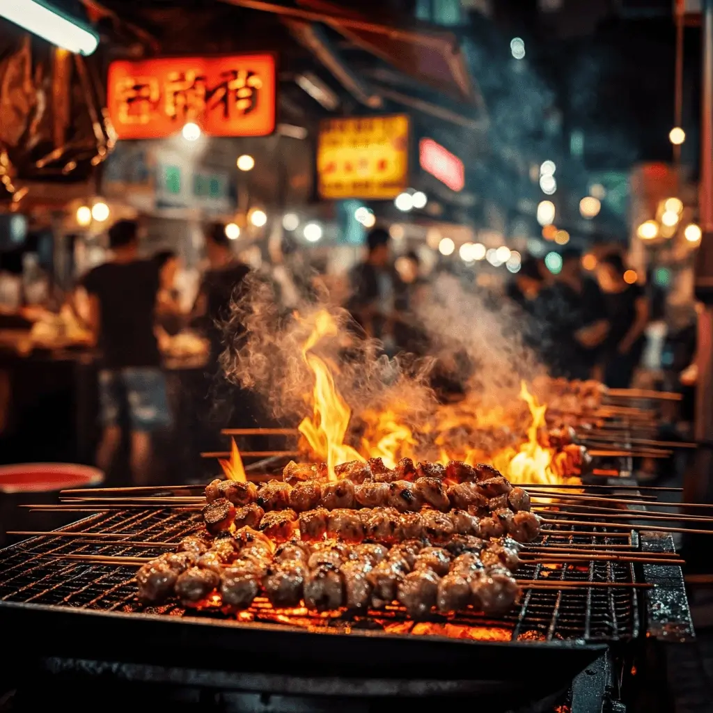 A bustling Asian night market with glowing lanterns and smoky meat stalls.