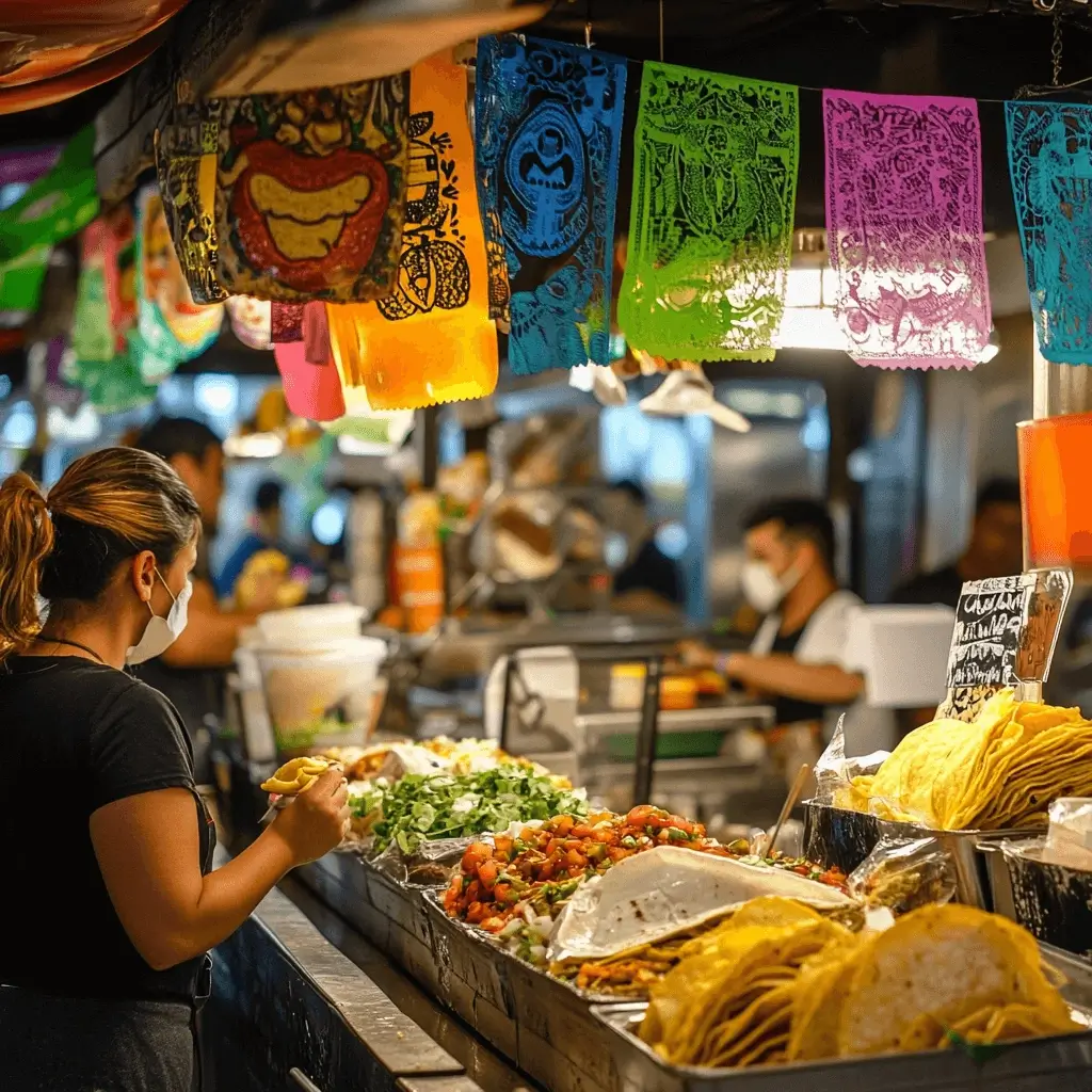 Busy Mexican taquería serving buche tacos with colorful decorations.