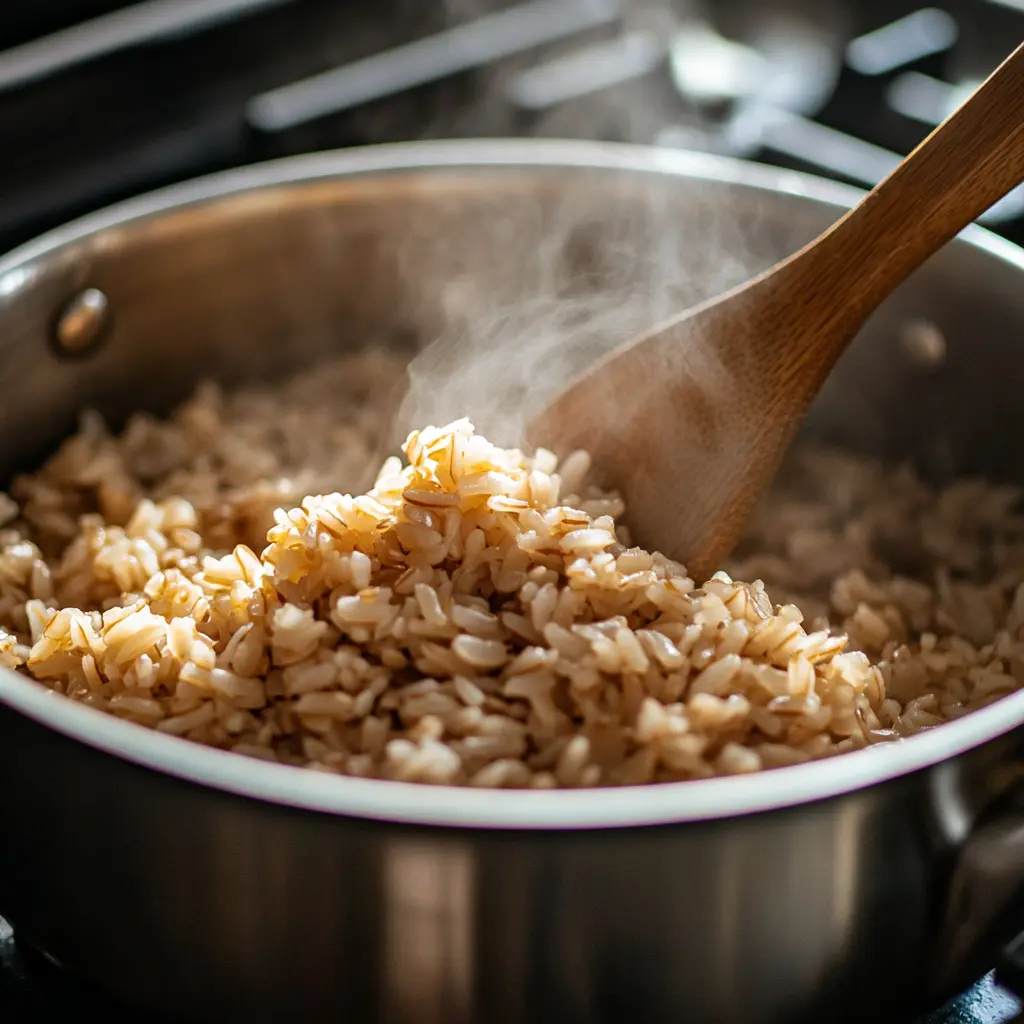 Brown rice cooking on stove