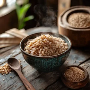 Brown rice bowl on rustic table