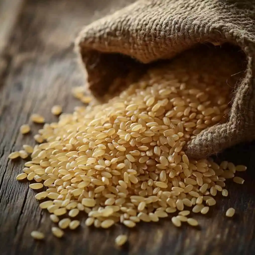 Raw brown rice grains close-up