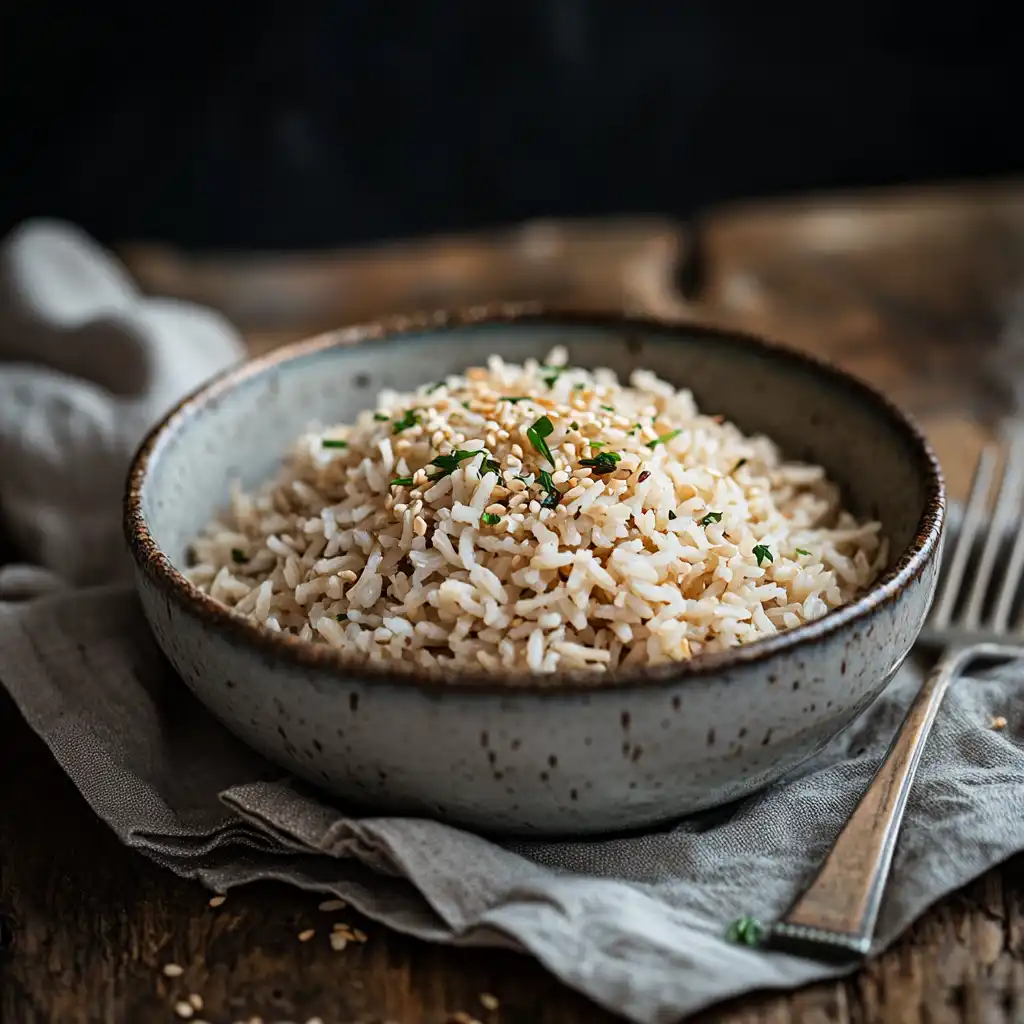 Served brown rice bowl with garnish