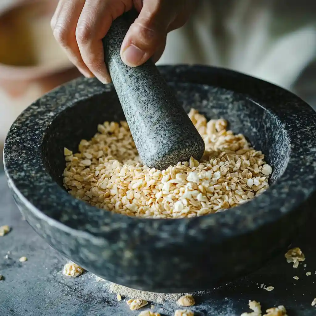 Grinding toasted rice in Thai granite mortar