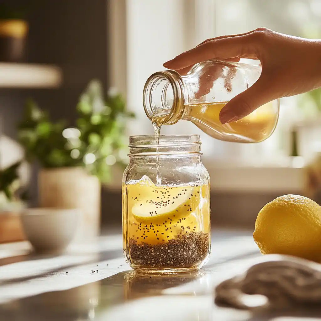 Adding vinegar Mixing chia and spices Stirring and letting it infuse