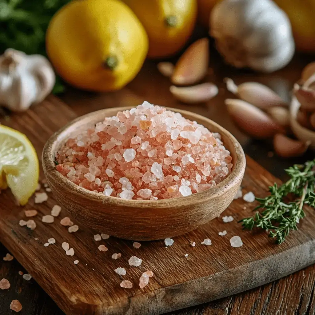 pink Himalayan table salt on rustic kitchen table