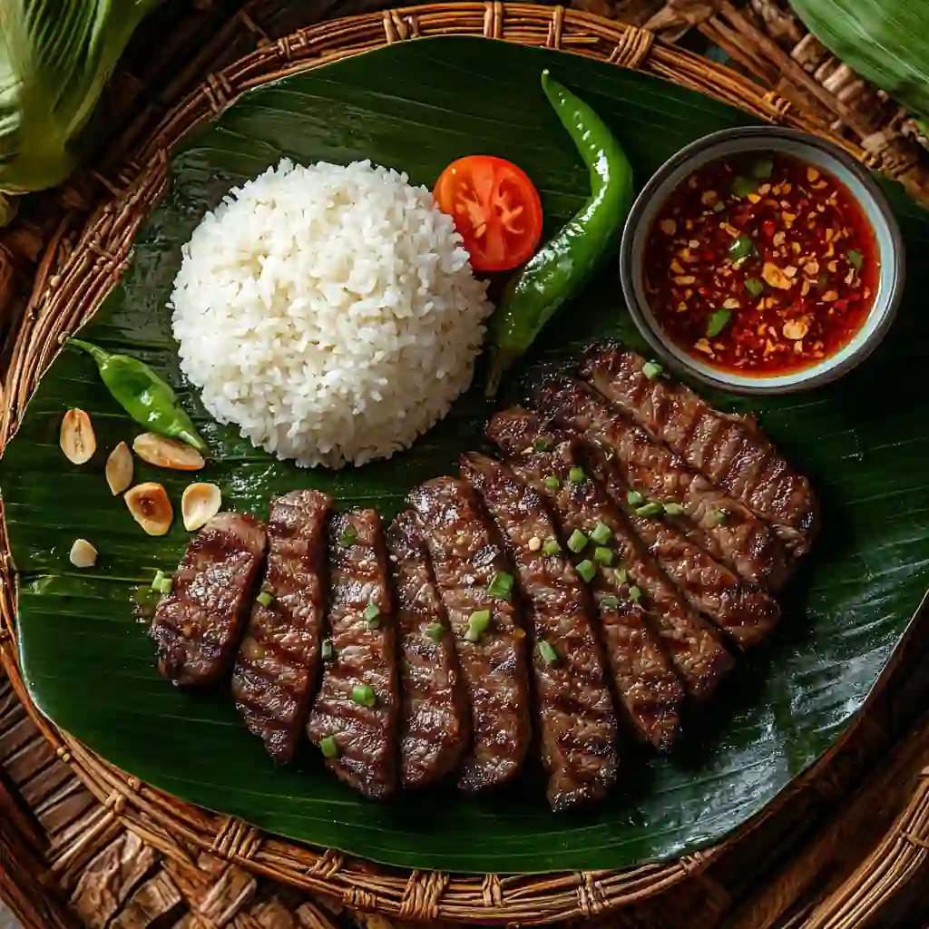 Thai dipping sauce served with grilled beef and sticky rice