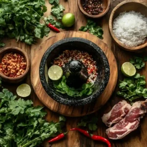 Thai dip made in mortar and pestle with grilled meat