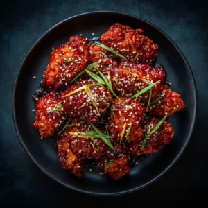 Crispy fried chicken glazed in gochujang sauce, top-down view