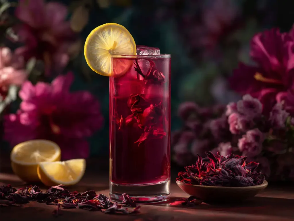 Verre de limonade à l’hibiscus avec glaçons et citron