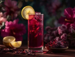 Verre de limonade à l’hibiscus avec glaçons et citron
