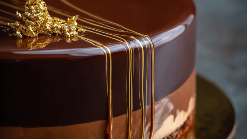 Chocolate mousse cake with caramel topping on plate