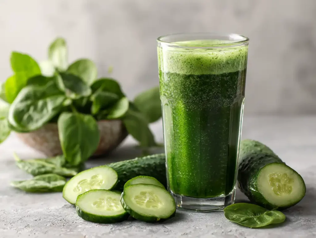 Glass of green spinach cucumber juice with lemon and ice cubes