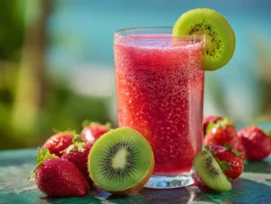 Glass of strawberry kiwi juice with fruit slices and ice