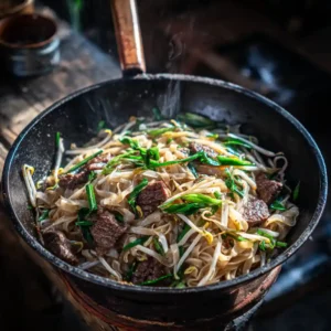 Assiette de nouilles de riz vietnamiennes sautées avec bœuf et légumes croquants