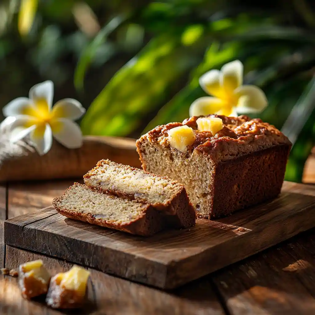 Hawaiian banana bread with pineapple sliced on a rustic table