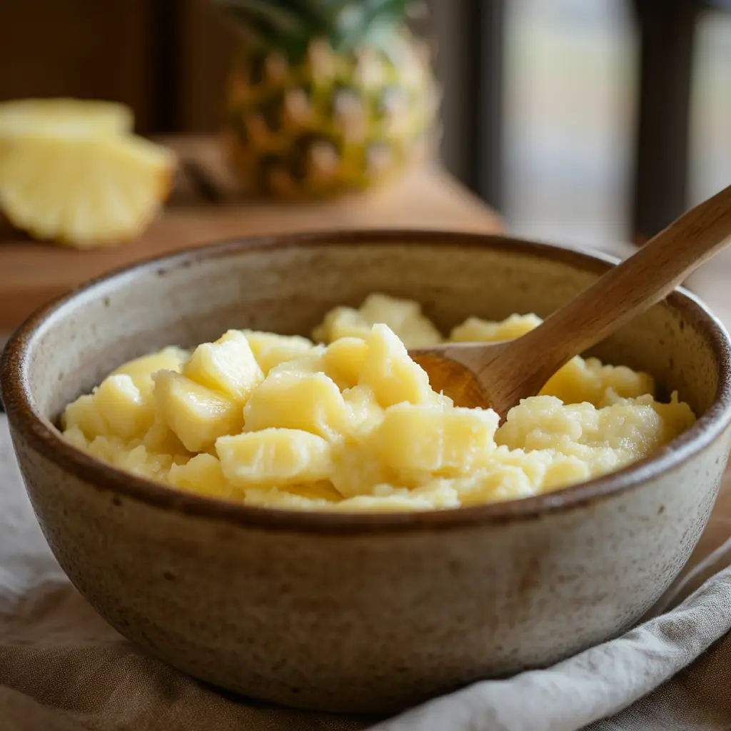 Mixing mashed bananas and pineapple