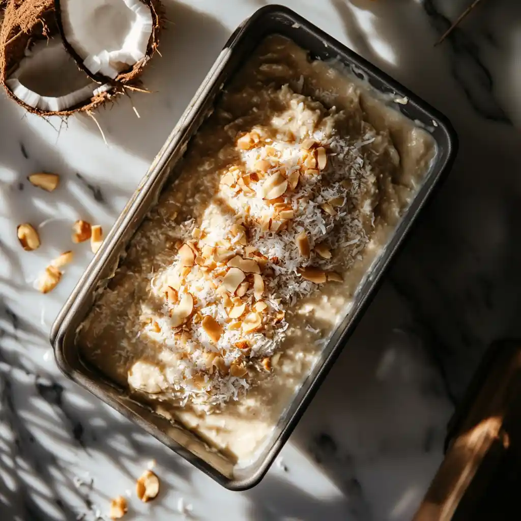 Pouring banana bread batter into loaf pan