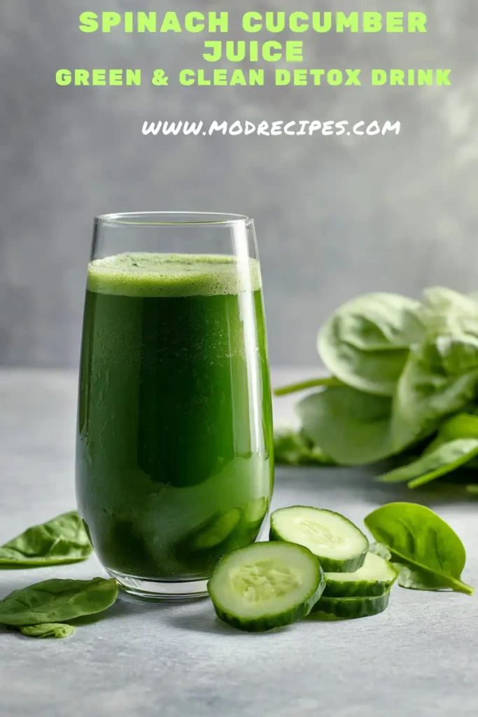 green spinach cucumber juice with lemon and ice cubes